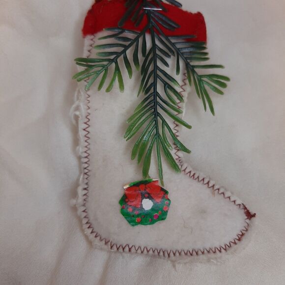 Vtg Miniature 5" Handmade Felt Christmas Stocking Ornament white/ivory/cream - Picture 1 of 6